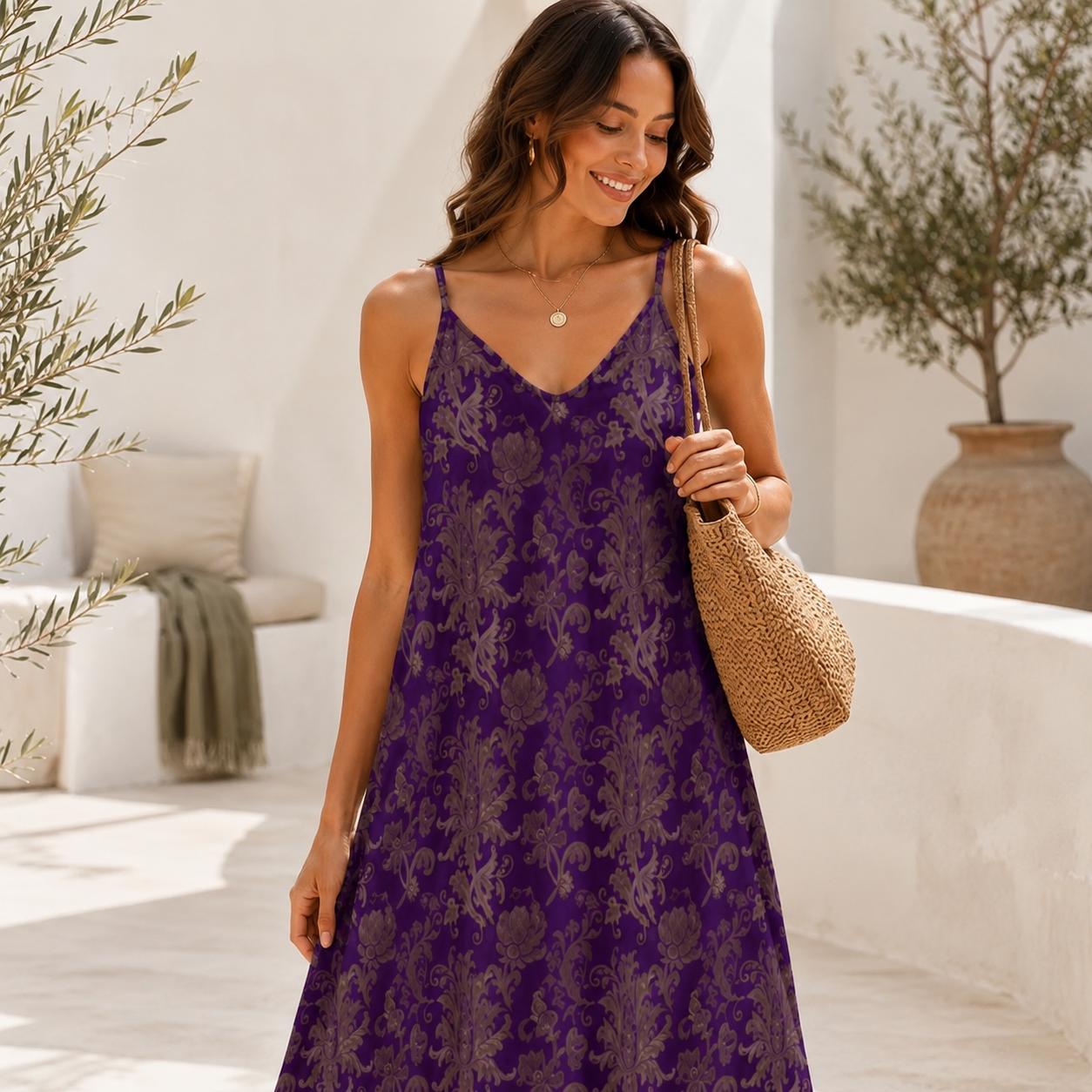 Purple and Taupe Damask Floral Print Maxi Dress with Spaghetti Straps