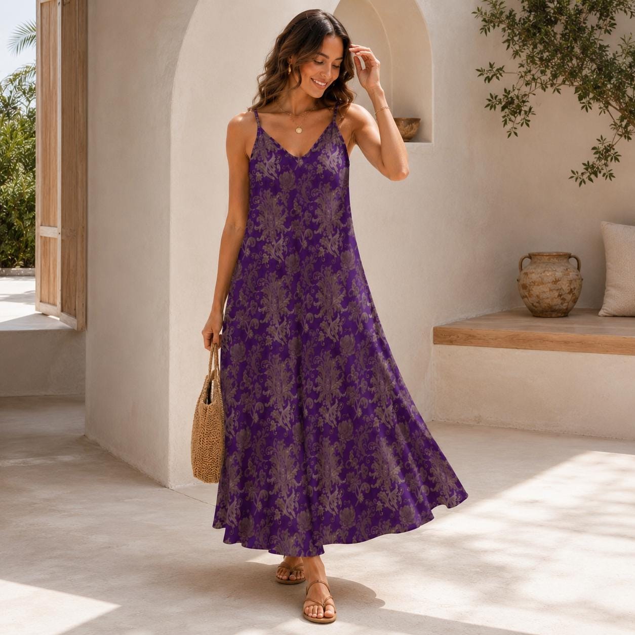 Purple and Taupe Damask Floral Print Maxi Dress with Spaghetti Straps