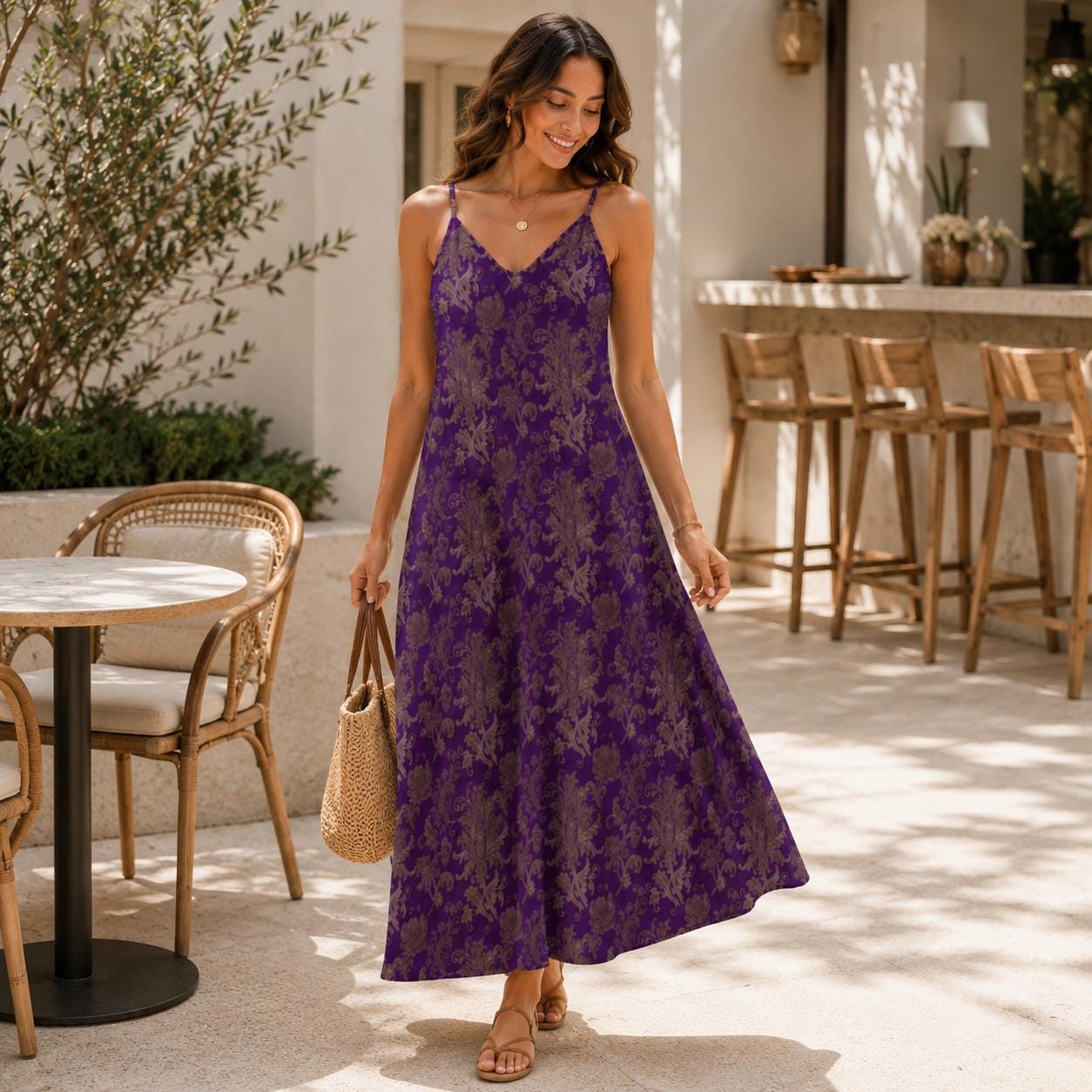 Purple and Taupe Damask Floral Print Maxi Dress with Spaghetti Straps