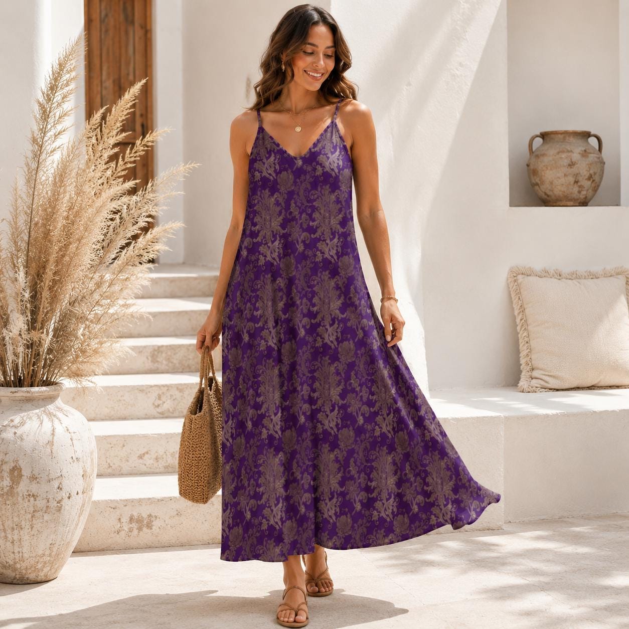Purple and Taupe Damask Floral Print Maxi Dress with Spaghetti Straps