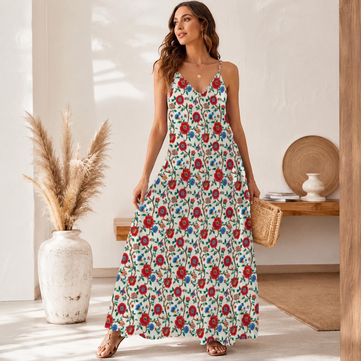 Cream and Red Poppy Floral Print Maxi Dress with Spaghetti Straps