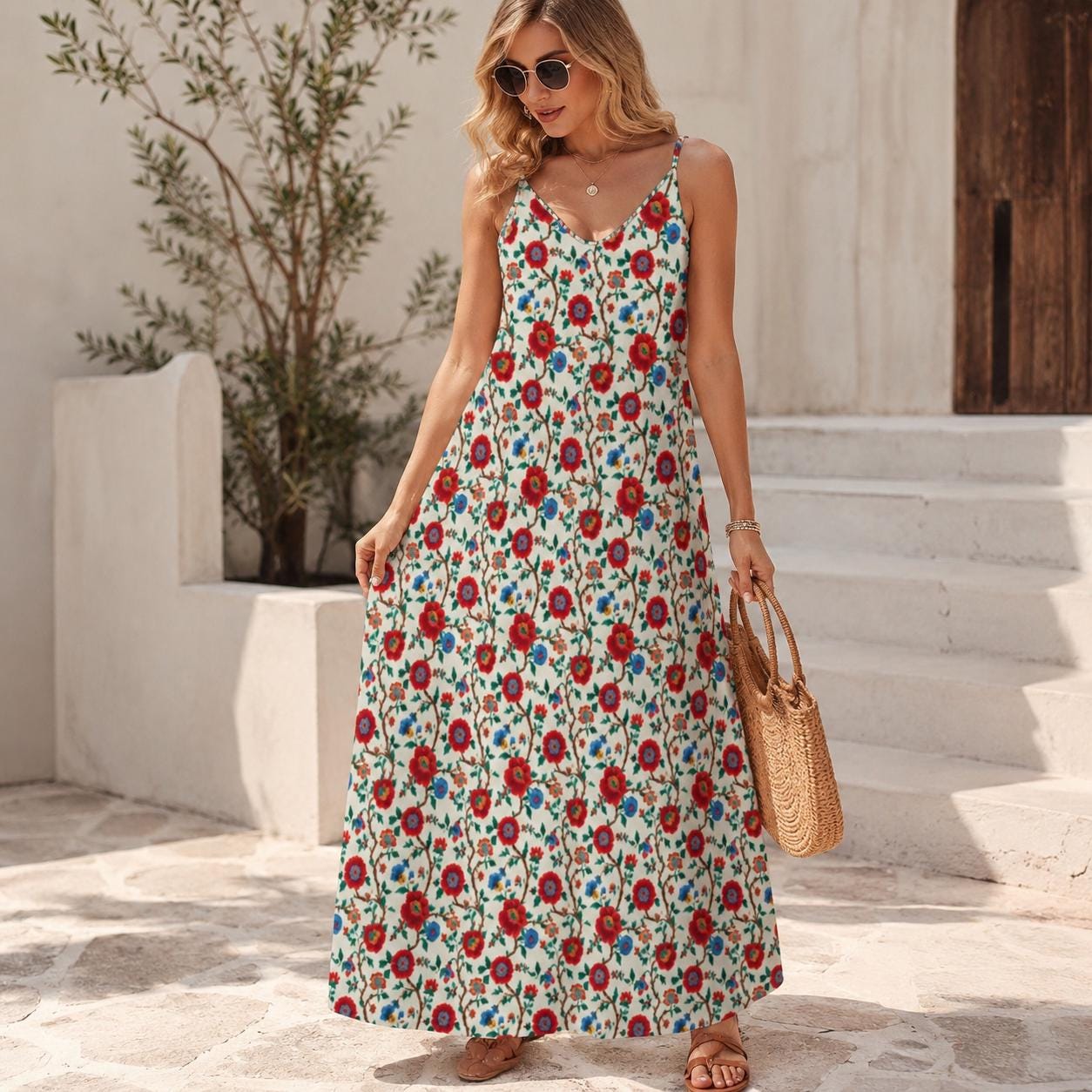 Woman wearing a long cream spaghetti strap maxi dress printed all over with red poppies, small blue flowers and green vines, holding a round straw bag beside white steps.