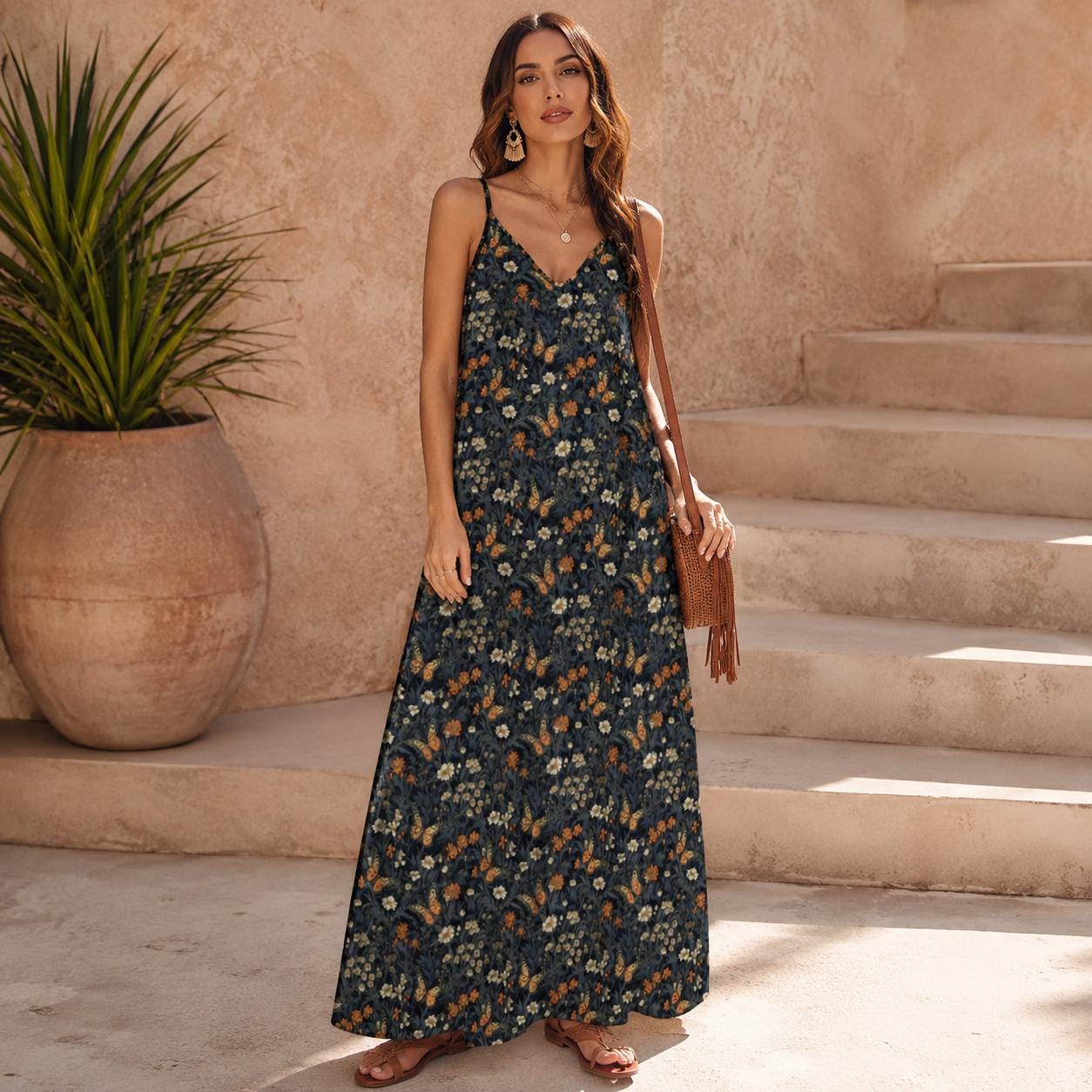 Navy Wildflower and Butterfly Print Maxi Dress with Spaghetti Straps