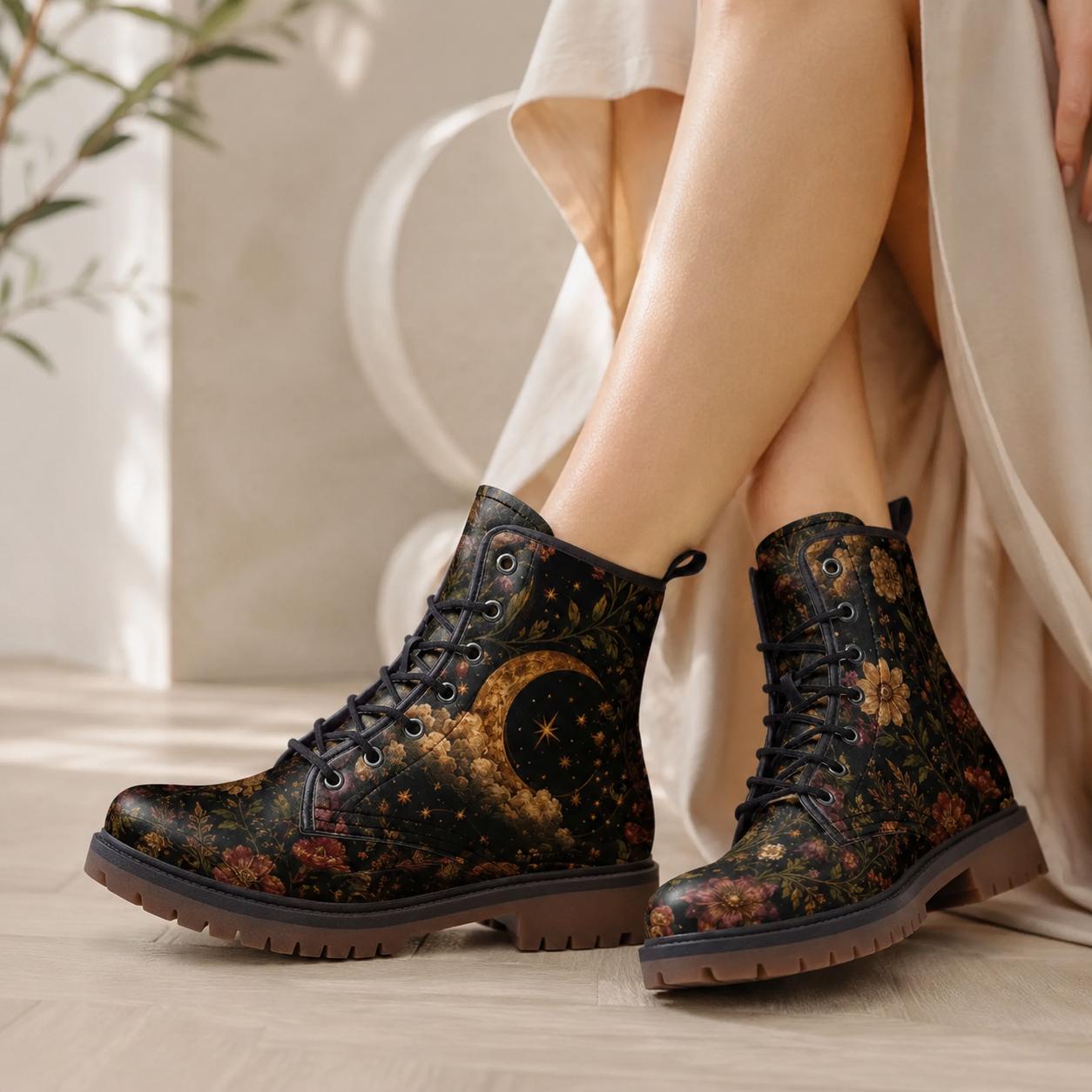 Celestial Floral Combat Boots, Moon Stars Ankle Booties, Dark Cottagecore Lace Up