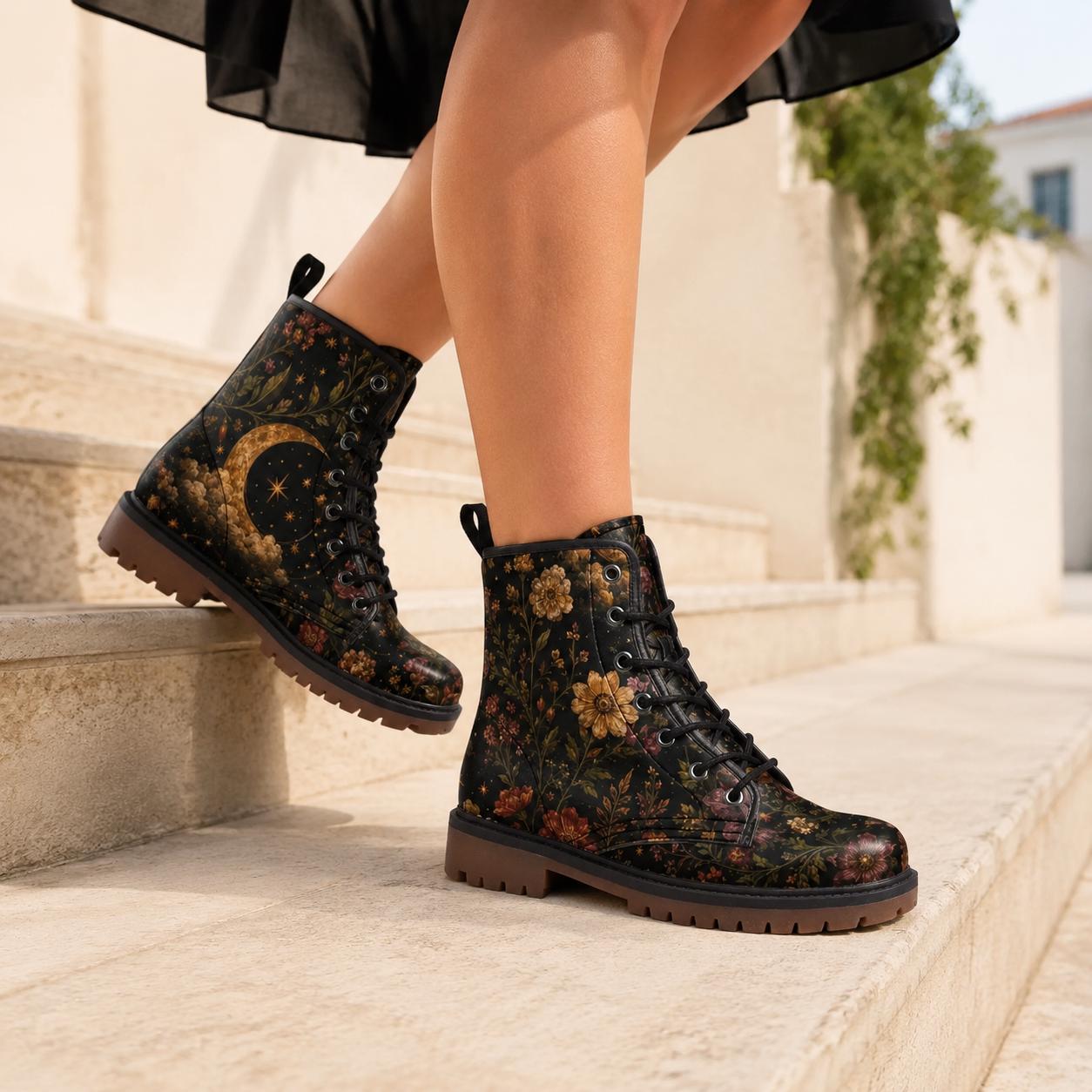 Celestial Floral Combat Boots, Moon Stars Ankle Booties, Dark Cottagecore Lace Up