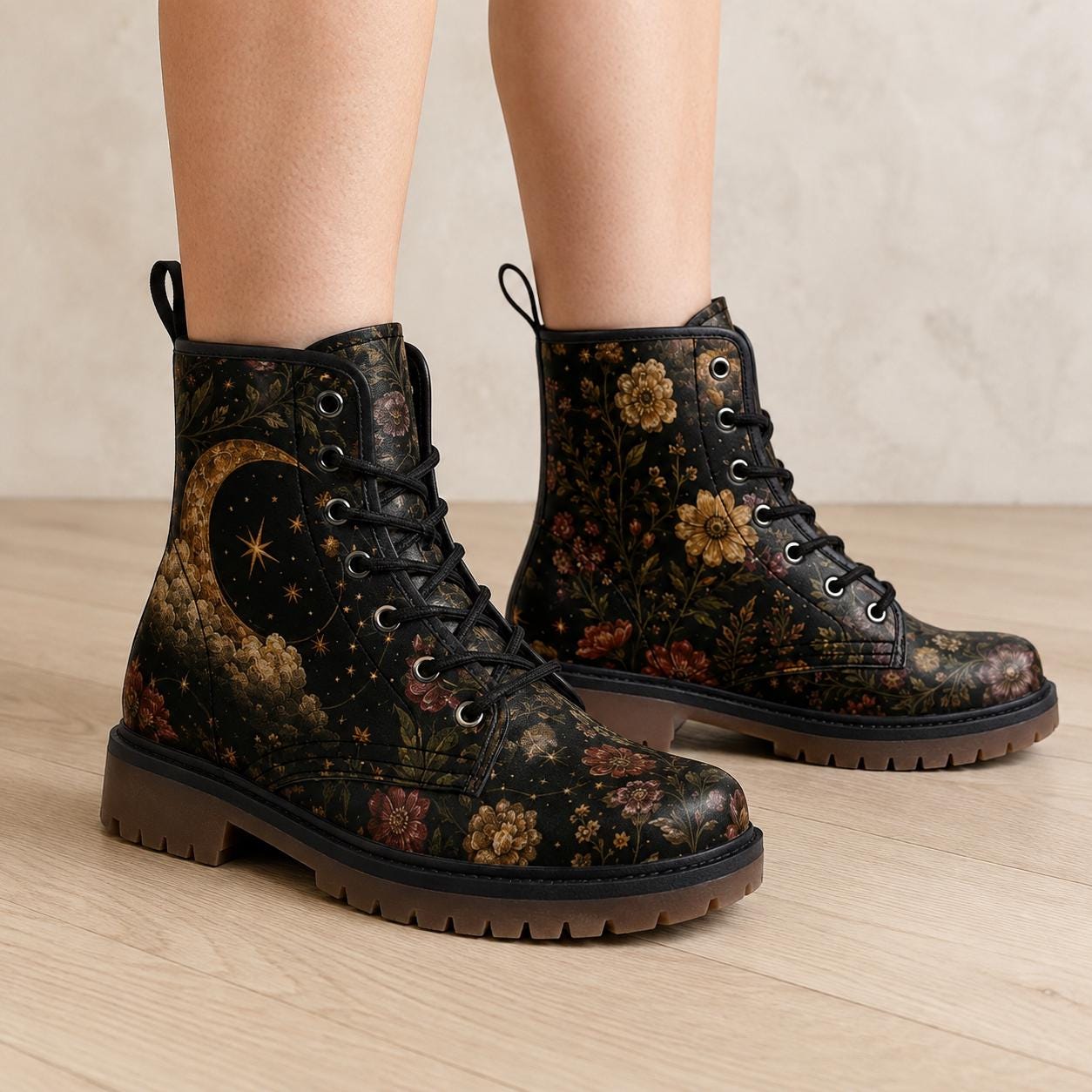Celestial Floral Combat Boots, Moon Stars Ankle Booties, Dark Cottagecore Lace Up