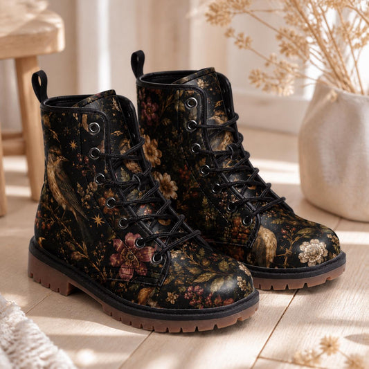 Dark Cottagecore Bird Combat Boots, Whimsigoth Botanical Lace Up Ankle Boots, Celestial Floral Shoes
