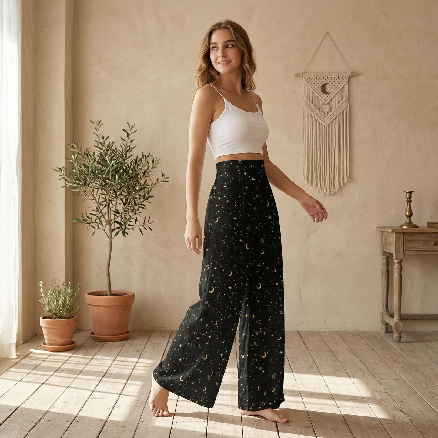 Celestial Zodiac Pants, Moon Star Wide Leg Trousers, Astrology Loungewear