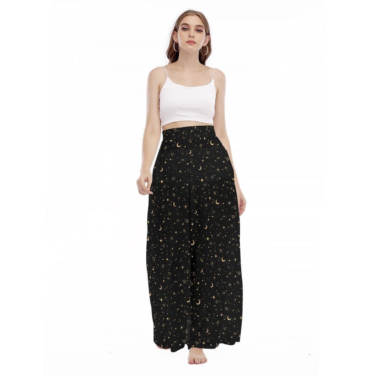 Celestial Zodiac Pants, Moon Star Wide Leg Trousers, Astrology Loungewear