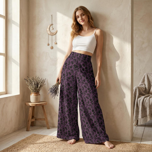 Purple Damask Wide-Leg Trousers