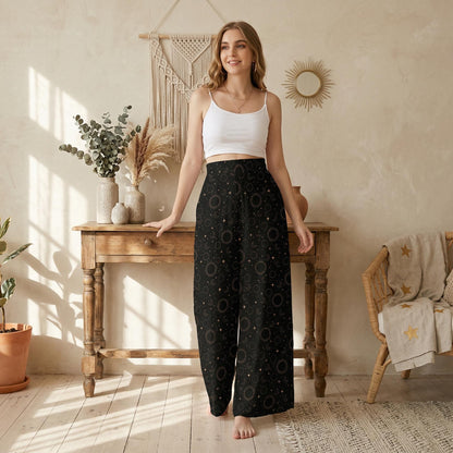 Celestial Wide Leg Pants, High Waisted Moon Star Print Trousers, Boho Resort Wear