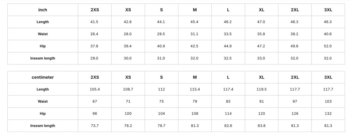 a table with various measurements and sizes for different clothing items, such as waist, hip, and insseam lengths. The table provides the corresponding sizes for each item, including 2XS, XS, S, M, L, XL, and ZL. The table is organized in a grid format, with the items listed on the left side and the corresponding measurements on the right side. The image does not contain any text that can be transcribed, and the image is described in terms of its content without providing specific details.