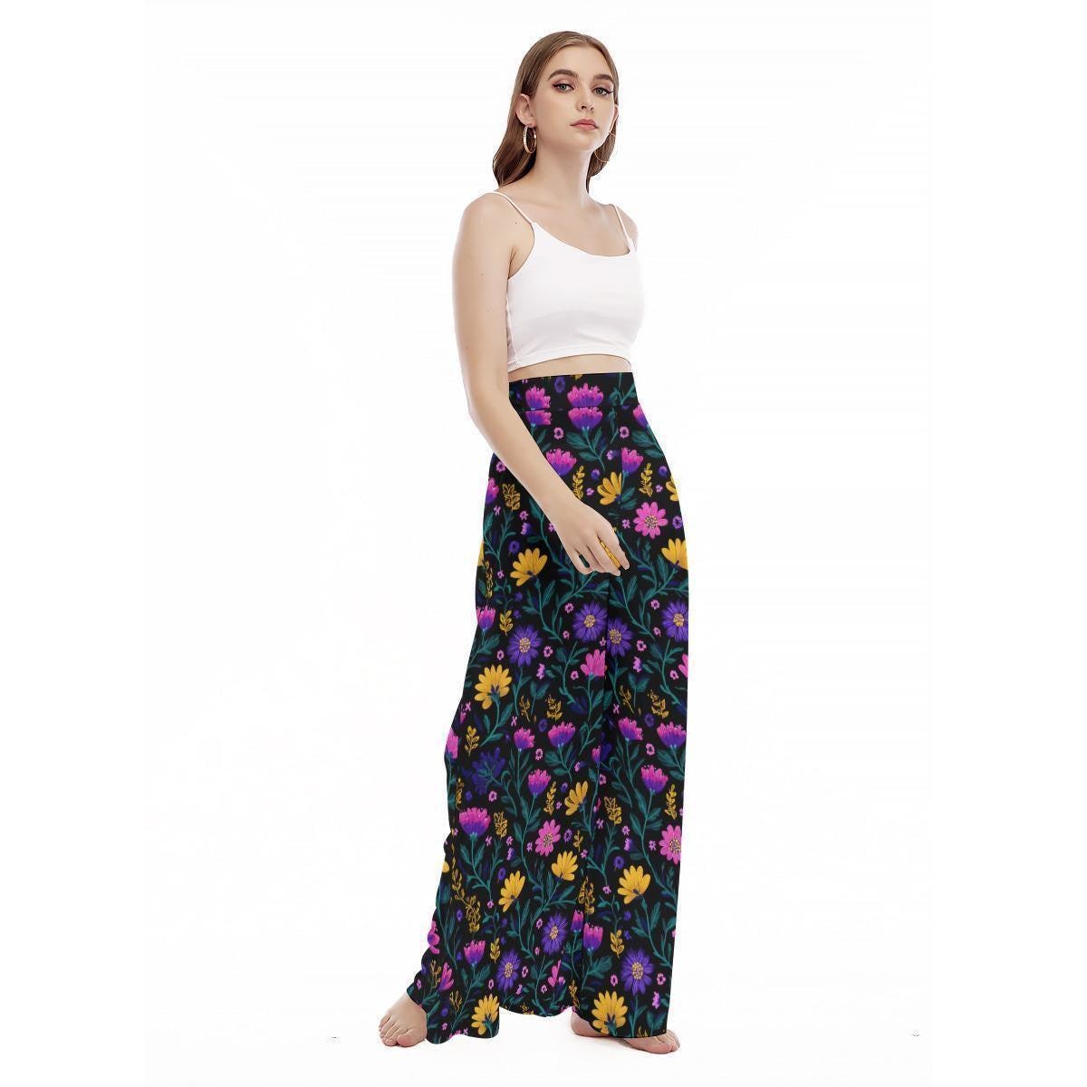 Floral Wide Leg Pants, Folk Art Botanical High Waist Trousers