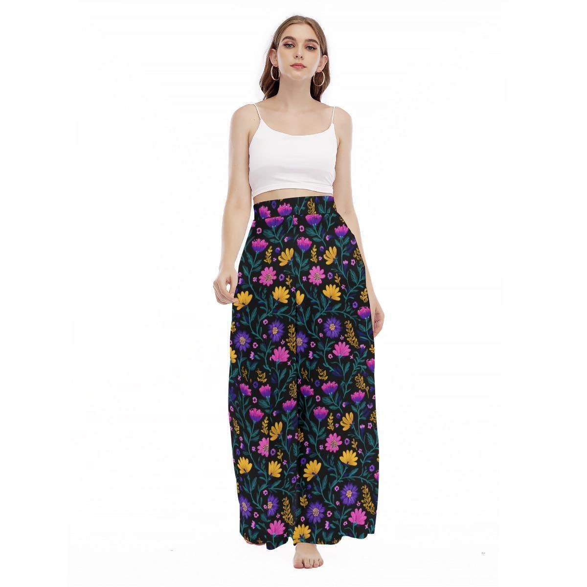 Floral Wide Leg Pants, Folk Art Botanical High Waist Trousers