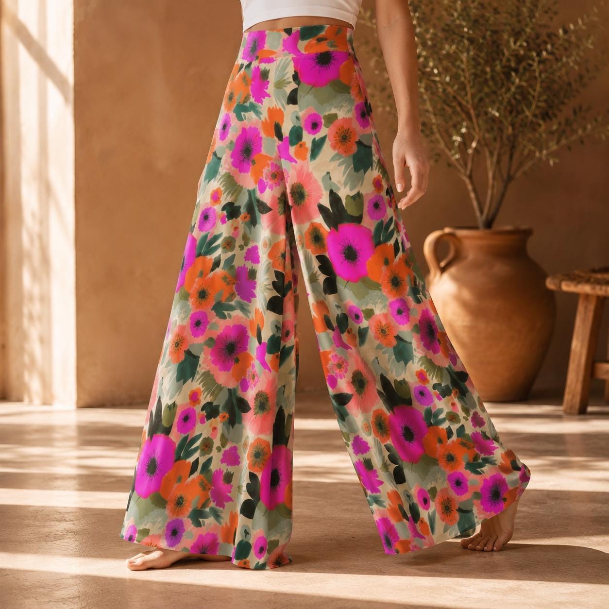 Bold Floral Wide Leg Pants, High Waisted Boho Vacation Trousers