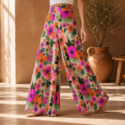 Bold Floral Wide Leg Pants, High Waisted Boho Vacation Trousers