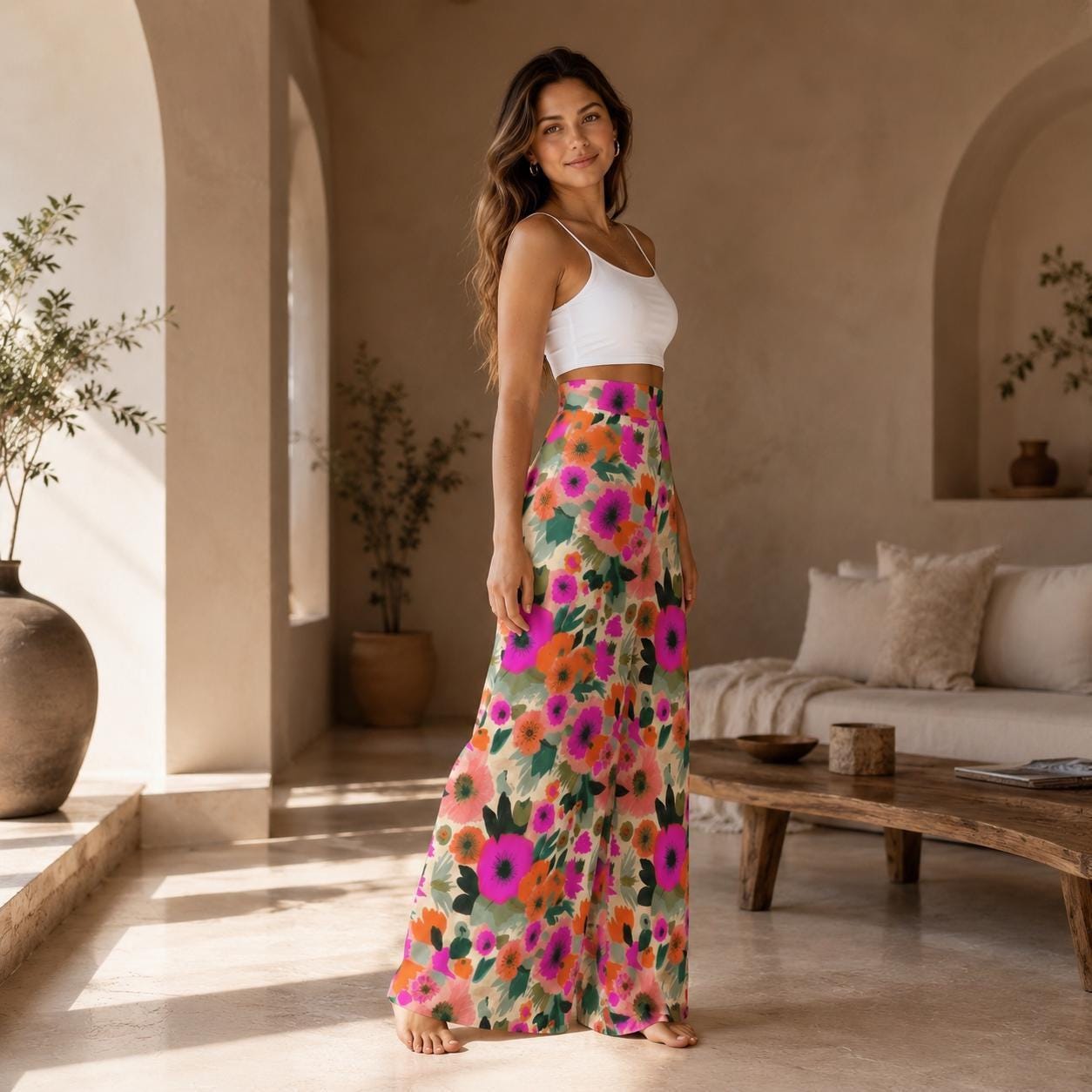 Bold Floral Wide Leg Pants, High Waisted Boho Vacation Trousers