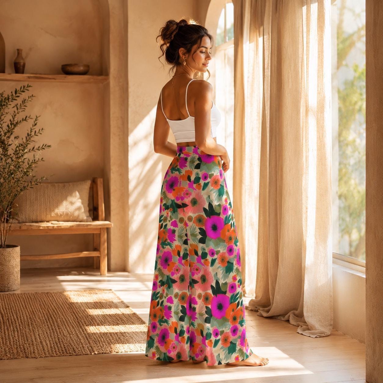 Bold Floral Wide Leg Pants, High Waisted Boho Vacation Trousers