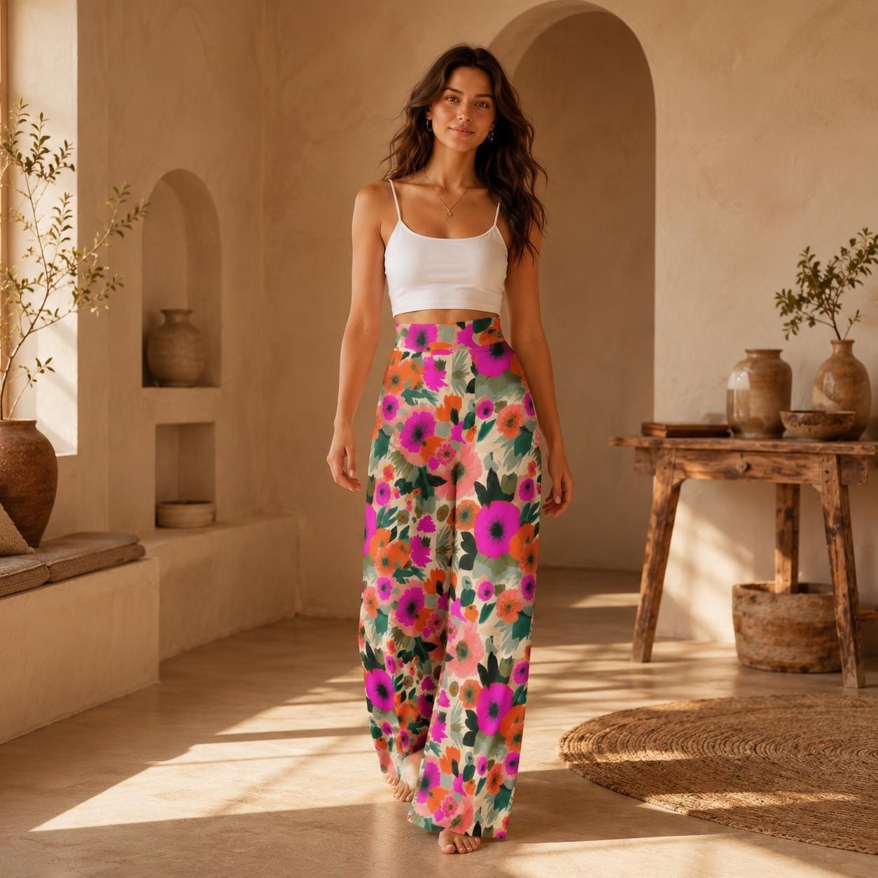 Bold Floral Wide Leg Pants, High Waisted Boho Vacation Trousers
