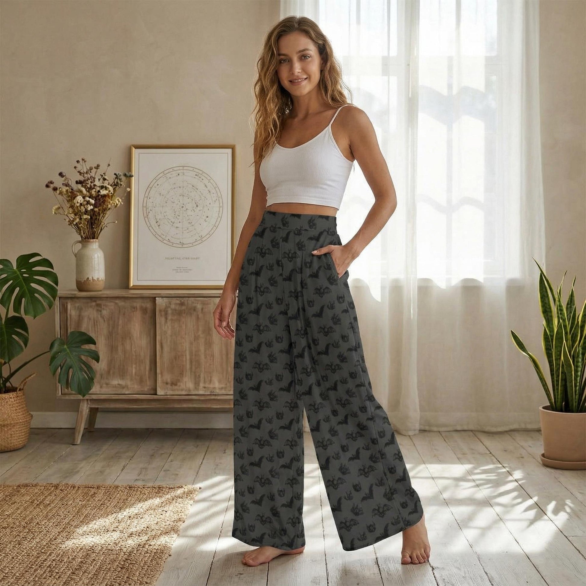 Charcoal Bat Print Wide Leg Goth Lounge Pants, High Waist Spooky Halloween Wear