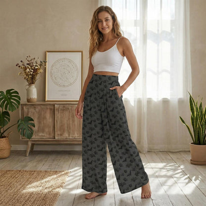 Charcoal Bat Print Wide Leg Goth Lounge Pants, High Waist Spooky Halloween Wear