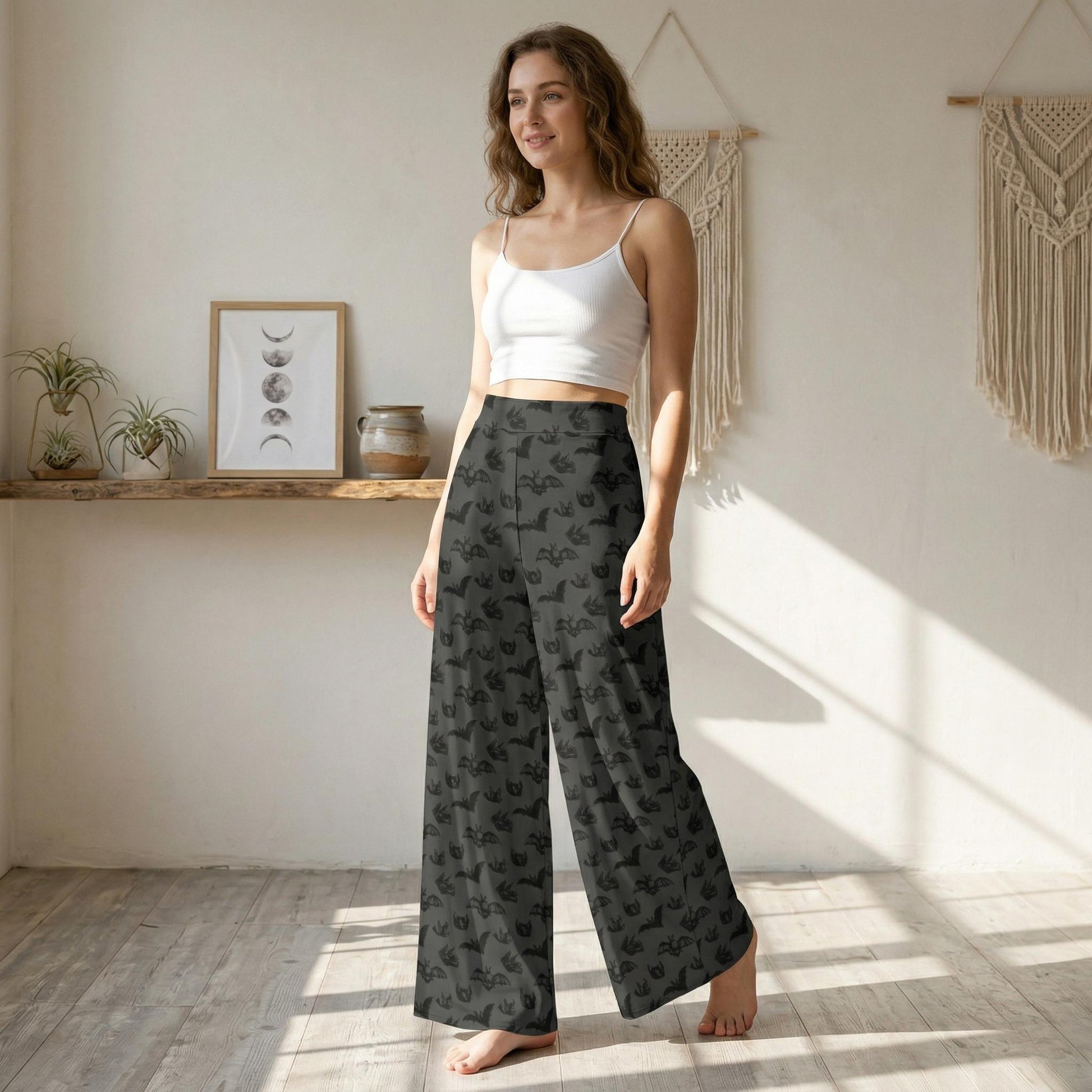 Charcoal Bat Print Wide Leg Goth Lounge Pants, High Waist Spooky Halloween Wear