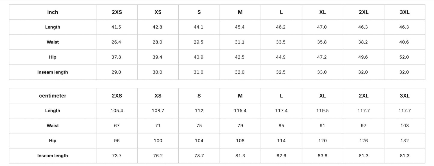 a table with various measurements and sizes for different clothing items, such as waist, hip, and insseam lengths. The table provides the corresponding sizes for each item, including 2XS, XS, S, M, L, XL, and ZL. The table is organized in a grid format, with the items listed on the left side and the corresponding measurements on the right side. The image does not contain any text that can be transcribed, and the image is described in terms of its content without providing specific details.