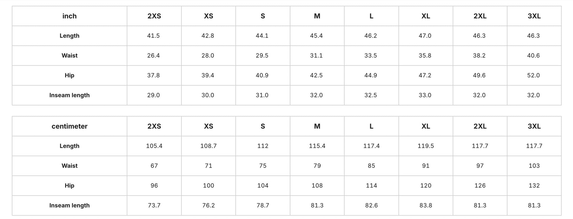 a table with various measurements and sizes for different clothing items, such as waist, hip, and insseam lengths. The table provides the corresponding sizes for each item, including 2XS, XS, S, M, L, XL, and ZL. The table is organized in a grid format, with the items listed on the left side and the corresponding measurements on the right side. The image does not contain any text that can be transcribed, and the image is described in terms of its content without providing specific details.