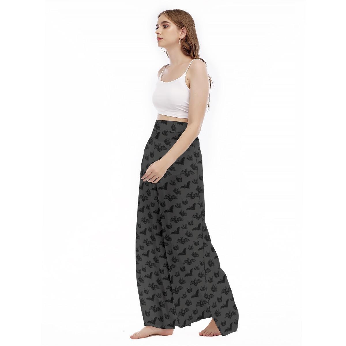 Charcoal Bat Print Wide Leg Goth Lounge Pants, High Waist Spooky Halloween Wear
