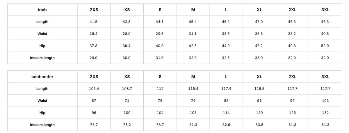 a table with various measurements and sizes for different clothing items, such as waist, hip, and insseam lengths. The table provides the corresponding sizes for each item, including 2XS, XS, S, M, L, XL, and ZL. The table is organized in a grid format, with the items listed on the left side and the corresponding measurements on the right side. The image does not contain any text that can be transcribed, and the image is described in terms of its content without providing specific details.