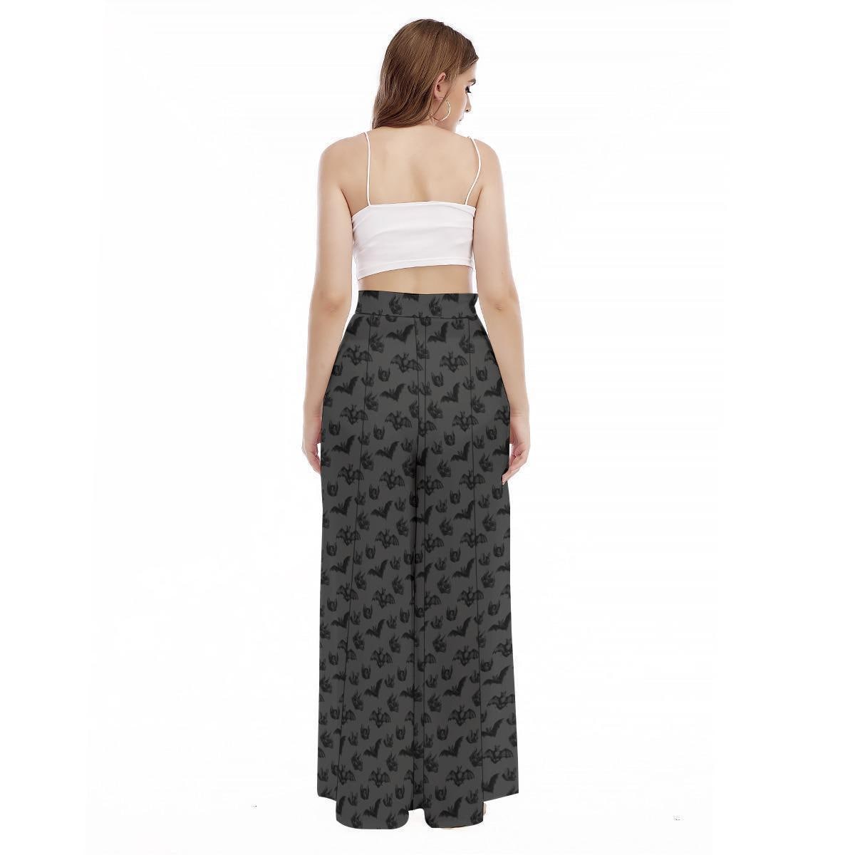 Charcoal Bat Print Wide Leg Goth Lounge Pants, High Waist Spooky Halloween Wear
