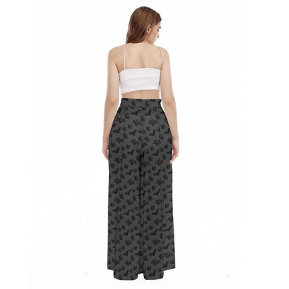 Charcoal Bat Print Wide Leg Goth Lounge Pants, High Waist Spooky Halloween Wear