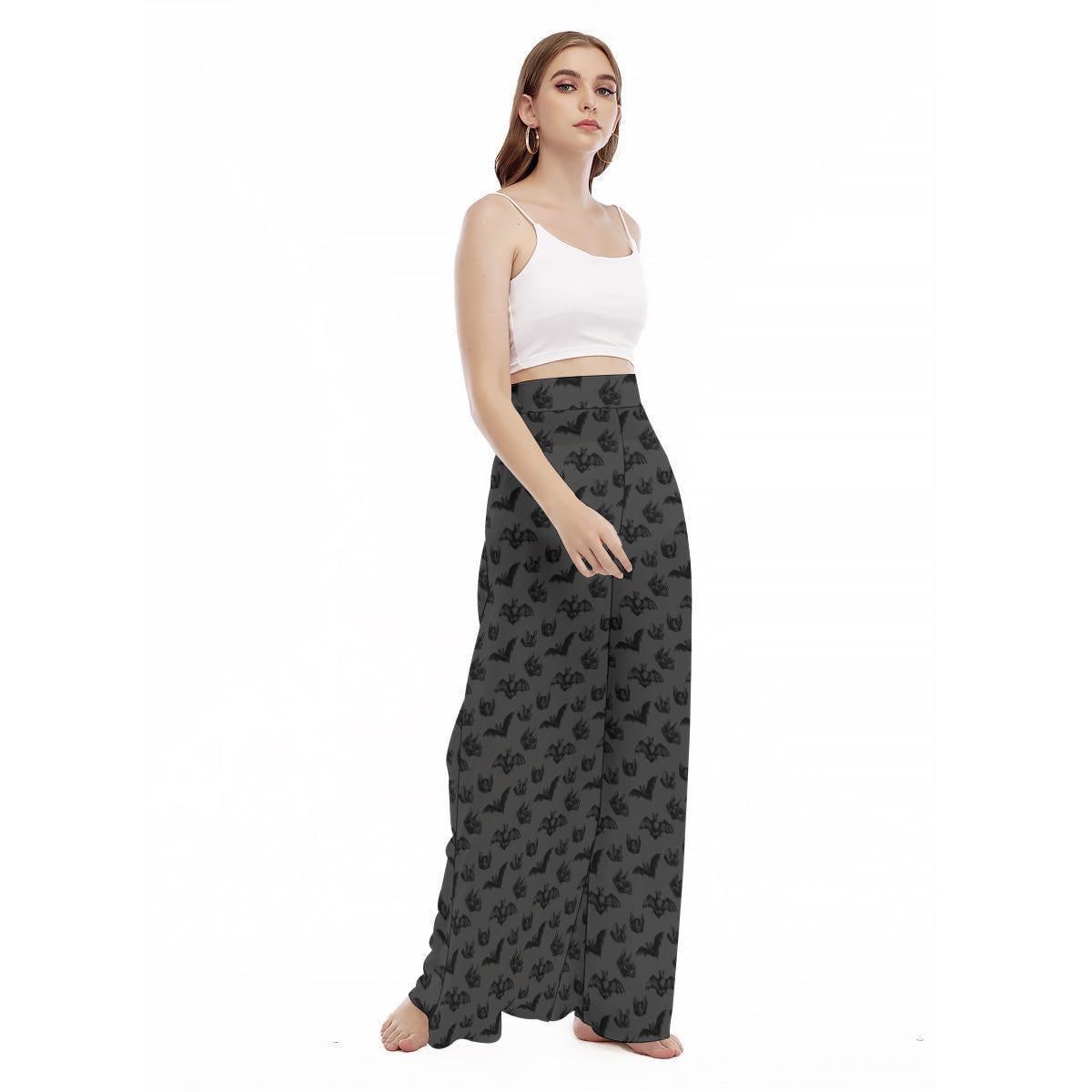 Charcoal Bat Print Wide Leg Goth Lounge Pants, High Waist Spooky Halloween Wear
