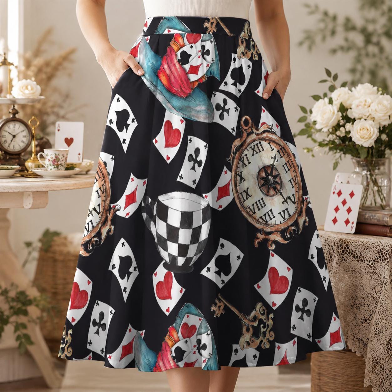 Alice in Wonderland Midi Skirt, Playing Card Tea Party Pockets, Whimsical Costume Style