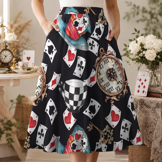 Alice in Wonderland Midi Skirt, Playing Card Tea Party Pockets, Whimsical Costume Style