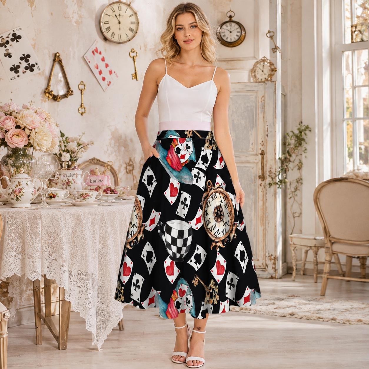 Alice in Wonderland Midi Skirt, Playing Card Tea Party Pockets, Whimsical Costume Style