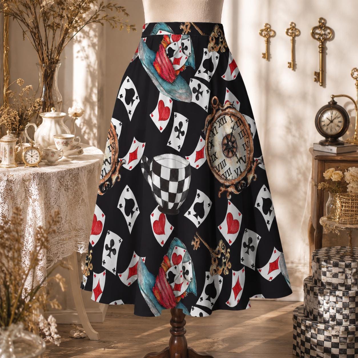 Alice in Wonderland Midi Skirt, Playing Card Tea Party Pockets, Whimsical Costume Style