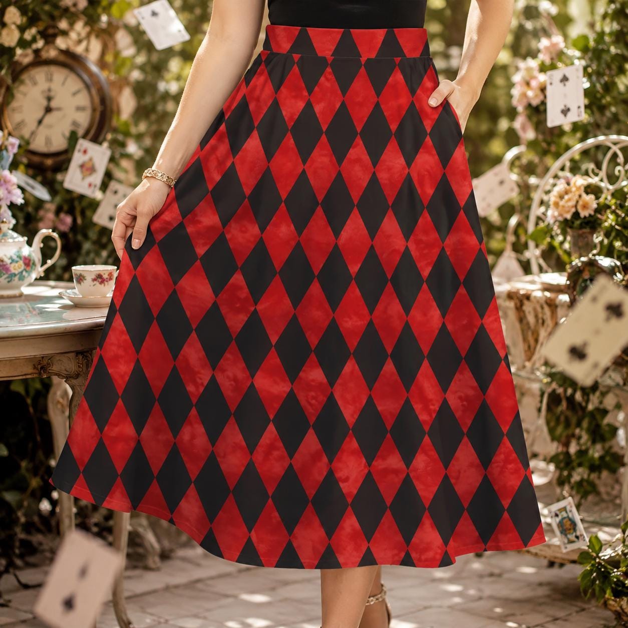 Harlequin Midi Skirt, Red Black Diamond Print, High Waist A Line, Pockets, Circus Style