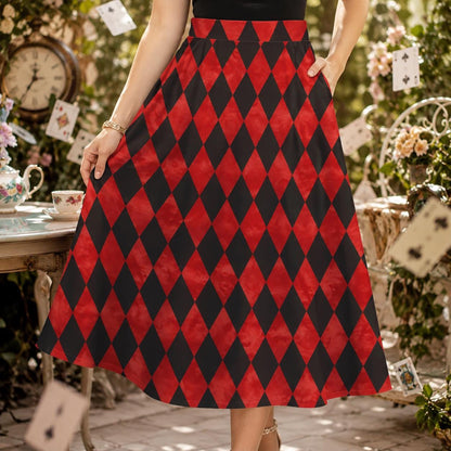 Harlequin Midi Skirt, Red Black Diamond Print, High Waist A Line, Pockets, Circus Style