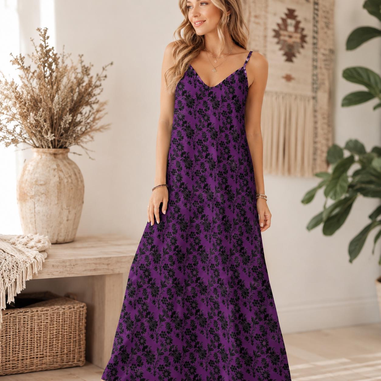 Gothic Maxi Dress, Purple Black Baroque Floral, Victorian Spaghetti Strap Sundress