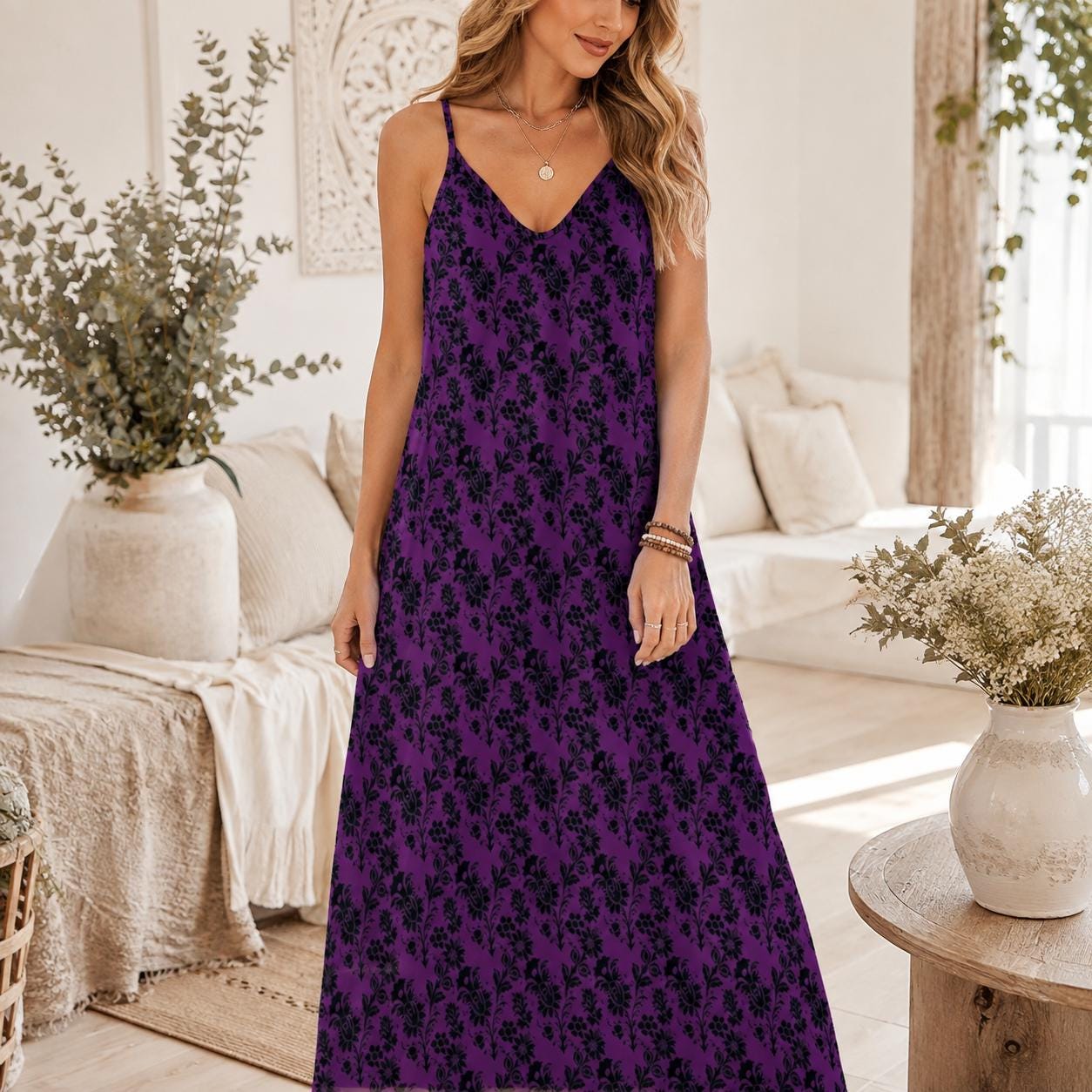 Gothic Maxi Dress, Purple Black Baroque Floral, Victorian Spaghetti Strap Sundress