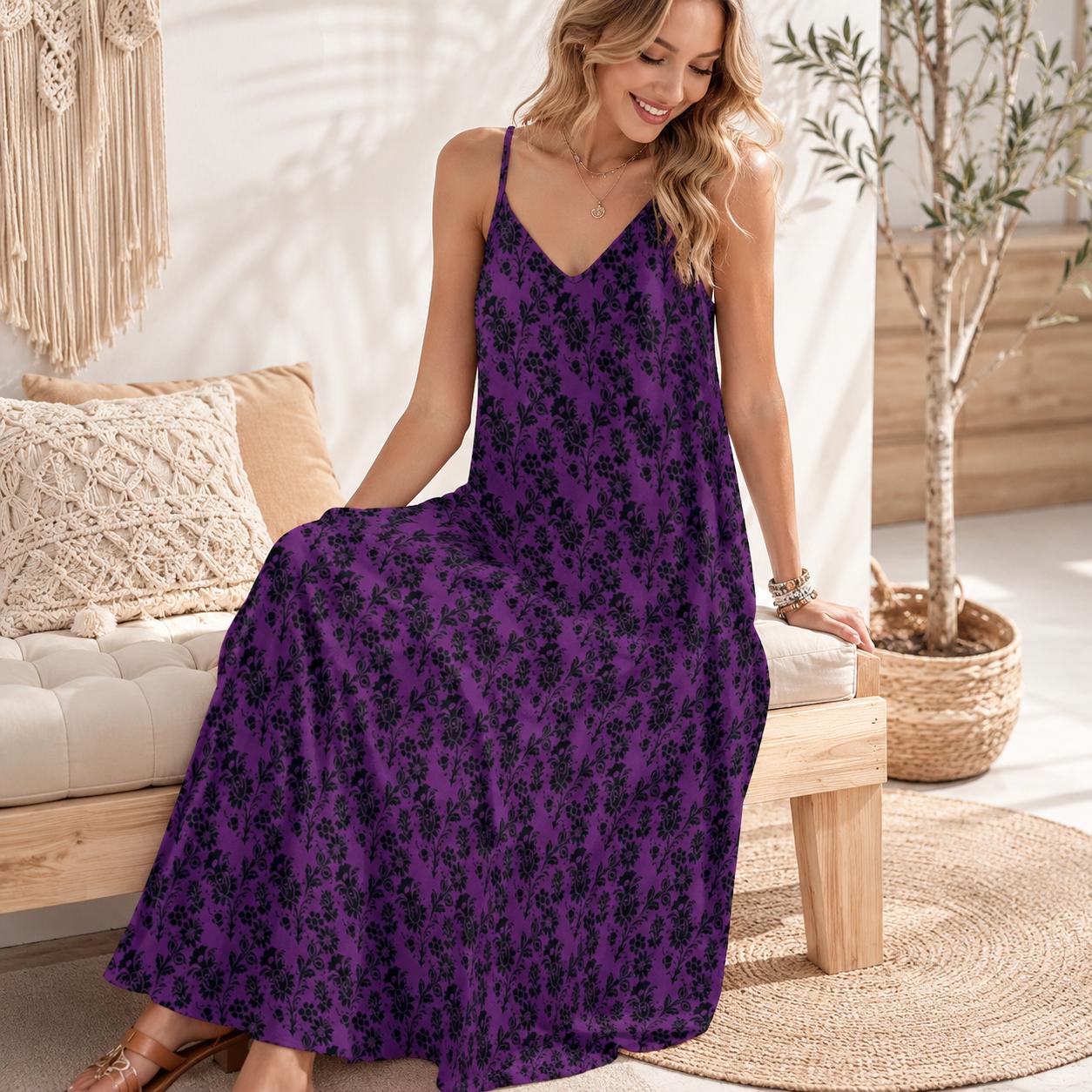 Gothic Maxi Dress, Purple Black Baroque Floral, Victorian Spaghetti Strap Sundress