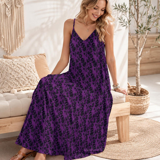 Gothic Maxi Dress, Purple Black Baroque Floral, Victorian Spaghetti Strap Sundress