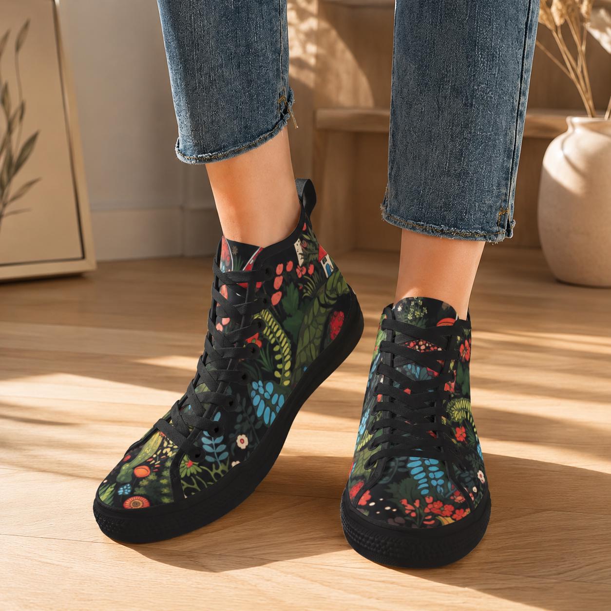 Botanical High Top Sneakers, Folk Art Wildflower Print Canvas Shoes