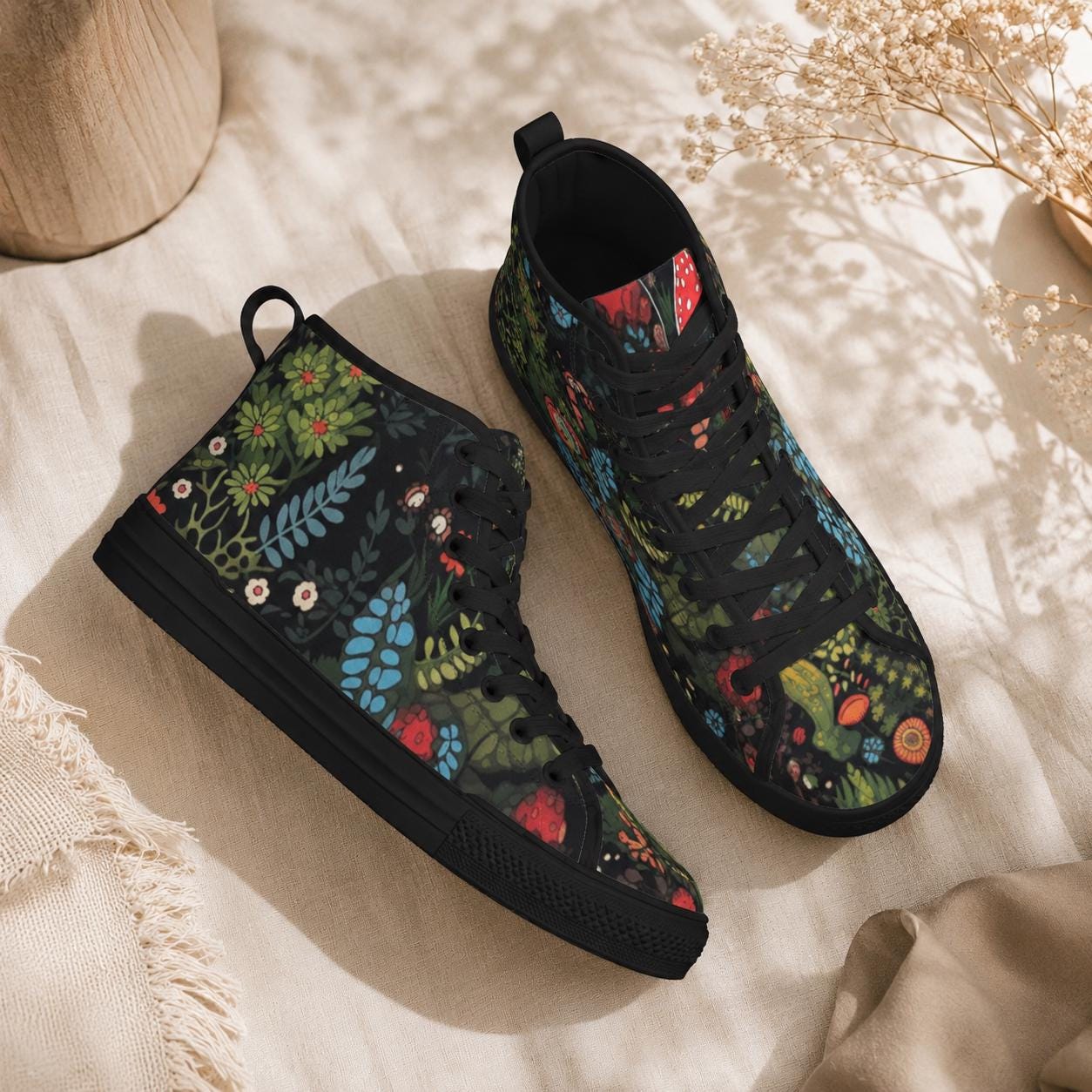Botanical High Top Sneakers, Folk Art Wildflower Print Canvas Shoes