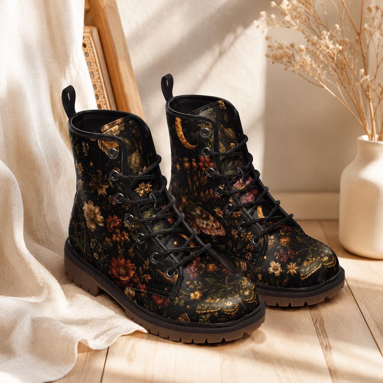 Dark Floral Combat Boots, Moth Moon Lace Up Ankle Boots, Whimsigoth Footwear