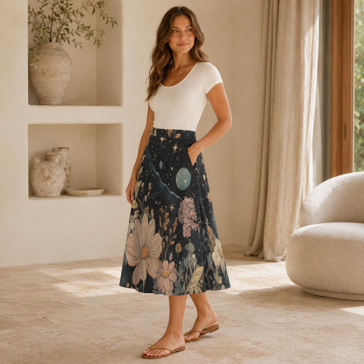 Celestial Floral Midi Skirt, Dark Botanical Moon Stars, Whimsigoth Style, Pockets