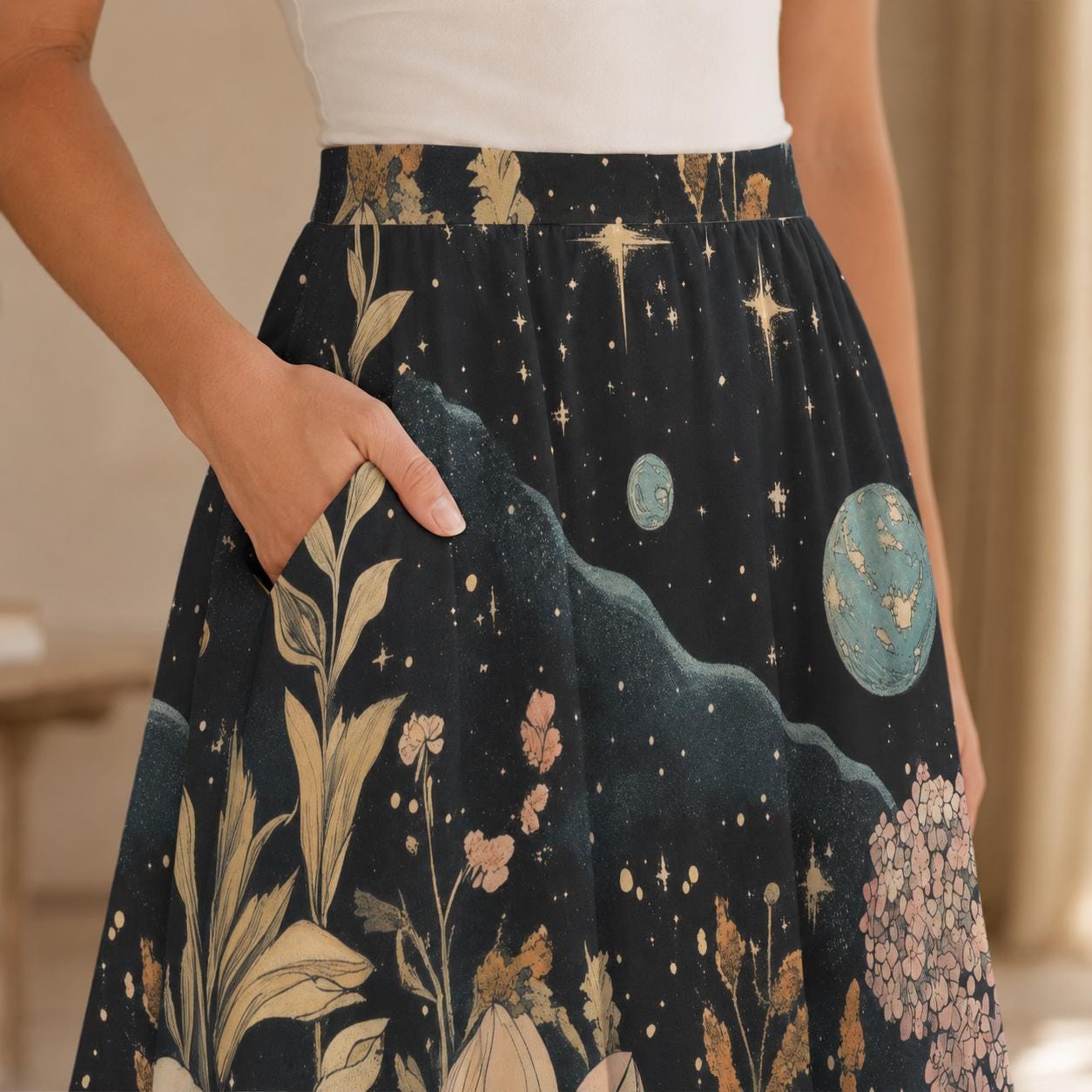 Celestial Floral Midi Skirt, Dark Botanical Moon Stars, Whimsigoth Style, Pockets