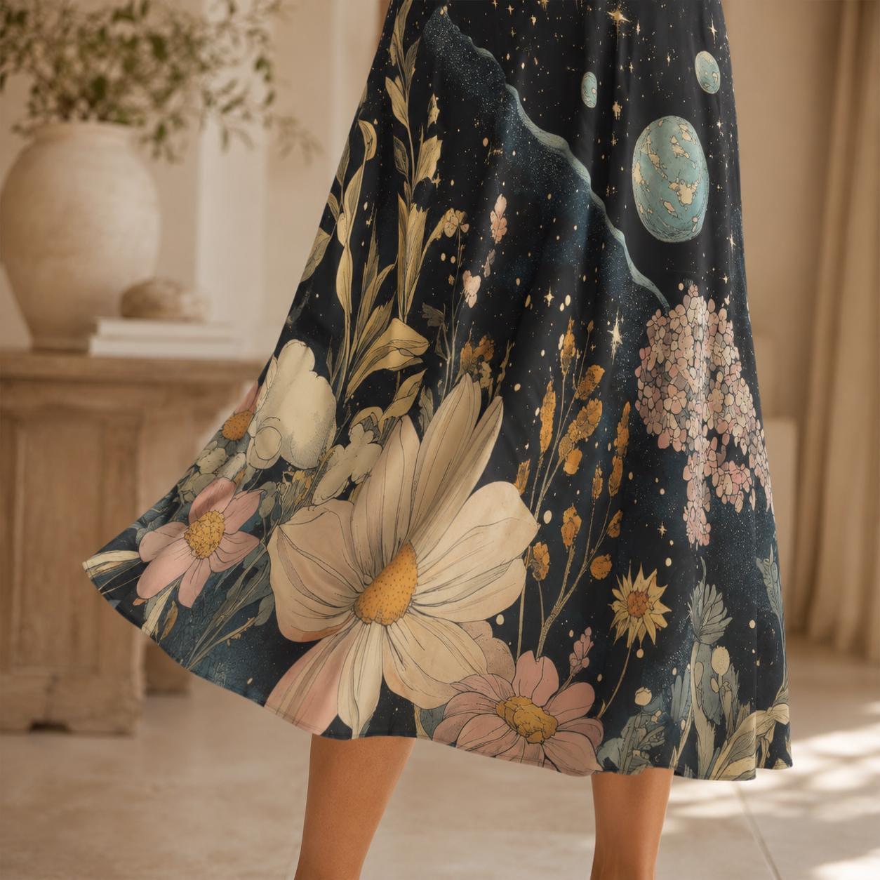 Celestial Floral Midi Skirt, Dark Botanical Moon Stars, Whimsigoth Style, Pockets