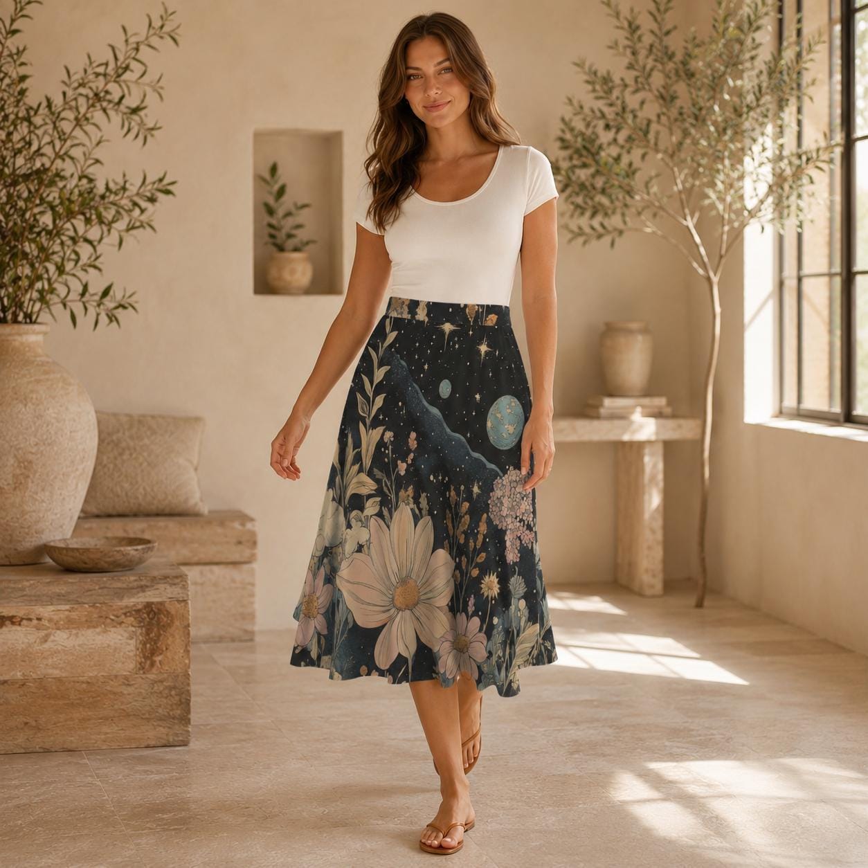 Celestial Floral Midi Skirt, Dark Botanical Moon Stars, Whimsigoth Style, Pockets
